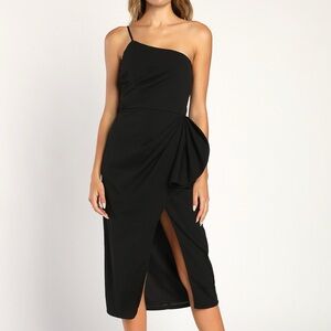 Love You Best Black One-Shoulder Ruffled Tulip Midi Dress